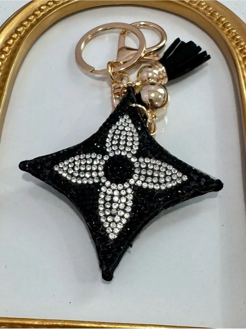 New Crystal-Embellished Black Silver Star Keychain with Tassel
